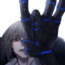 Rule 34 | 1boy, blue eyes, blurry, blurry background, claws, fate/grand order, fate (series), flick, forehead flick, fur trim, grey hair, hochikass, male focus, oberon (fate), oberon (third ascension) (fate), pov, spoilers, white background