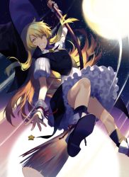 Rule 34 | 1girl, black skirt, blonde hair, bodice, broom, capelet, commentary request, full body, full moon, grin, hat, kirisame marisa, long hair, lor968, moon, petticoat, puffy short sleeves, puffy sleeves, revision, short sleeves, skirt, sky, smile, solo, star (sky), starry sky, touhou, upskirt, very long hair, witch hat, wrist cuffs, yellow eyes
