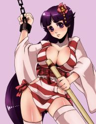 Rule 34 | 1girl, blush, breasts, chain, cleavage, criminal girls, hair flower, large breasts, long hair, purple eyes, purple hair, tomoe (criminal girls), weapon