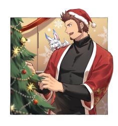 Rule 34 | 00047, 1boy, beard, blue eyes, brown hair, christmas, christmas lights, christmas ornaments, christmas stocking, christmas tree, creature, decorations, facial hair, fate/grand order, fate (series), fou (fate), hat, jacket, long sideburns, long sleeves, male focus, merry christmas, muscular, napoleon bonaparte (fate), pectorals, santa costume, sideburns, smile, solo, string of flags