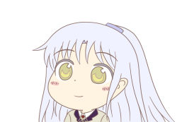 Rule 34 | 1girl, angel beats!, blush, commentary, commentary request, cowlick, from side, gyate gyate, hair ornament, hairclip, jacket, key (company), long hair, looking to the side, neck ribbon, ribbon, school uniform, shirt, silver hair, simple background, smile, solo, taeminhyeon, tenshi (angel beats!), upper body, white background, white shirt, yellow eyes