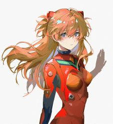 Rule 34 | 1girl, blue eyes, blush, bodysuit, breasts, evangelion: 2.0 you can (not) advance, grey background, hair between eyes, hair ornament, highres, interface headset, long hair, looking at viewer, medium breasts, neon genesis evangelion, orange hair, parted lips, plugsuit, rebuild of evangelion, red bodysuit, shiny clothes, simple background, skin tight, solo, souryuu asuka langley, two side up, upper body, very long hair, z3zz4