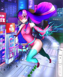 Rule 34 | absurdres, action, chest jewel, city, city lights, elbow gloves, energy ball, giant, giantess, gloves, highres, mask, multicolored hair, my little pony, my little pony: friendship is magic, one-piece swimsuit, road, self-upload, street, swimsuit, thighhighs, tokyo (city), twilight sparkle