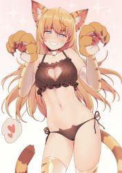 Rule 34 | 1girl, :d, animal ears, animal hands, animal print, bad id, bad pixiv id, bare arms, bare shoulders, bell, black bra, black panties, black ribbon, blonde hair, blush, bra, breasts, bright pupils, choker, claws, cleavage, cleavage cutout, clothing cutout, collarbone, commentary, contemporary, cowboy shot, elbow gloves, facial mark, frilled bra, frills, glint, gloves, grin, head tilt, heart, heart cutout, highres, jingle bell, long hair, looking at viewer, looking back, medium breasts, multicolored eyes, navel, neck bell, open mouth, original, panties, paw gloves, paw pose, pink background, purple eyes, ribbon, side-tie panties, simple background, smile, solo, speech bubble, spoken heart, standing, stomach, tail, teeth, thighhighs, tiger ears, tiger print, tiger tail, tsurime, underwear, underwear only, weyowang, whisker markings