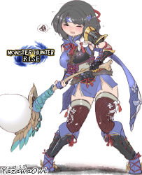 Rule 34 | 1girl, armor, black hair, breasts, gloves, hammer, headband, highres, japanese clothes, kamura (armor), large breasts, monster hunter (series), monster hunter rise, pauldrons, short hair, shoulder armor, simple background, thighhighs, weapon, yazawa owl