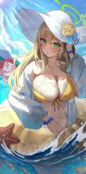 Rule 34 | 1girl, 1other, :o, absurdres, bikini, blue archive, blush, bracelet, breasts, cleavage, doodle sensei (blue archive), fish, front-tie bikini top, front-tie top, green eyes, halo, hat, highres, innertube, jewelry, large breasts, light brown hair, looking at viewer, motion blur, nonomi (blue archive), nonomi (swimsuit) (blue archive), sensei (blue archive), solo, starfish, sun hat, swim ring, swimsuit, tansuan (ensj3875), tongue, tongue out, yellow bikini