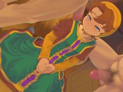 Rule 34 | 1girl, 2boys, blush, brown hair, censored, clothed female nude male, dragon quest, dragon quest vii, dress, flat chest, long hair, maribel (dq7), messy hair, multiple boys, nude, penis