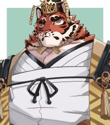 Rule 34 | 1boy, animal ears, bara, chinese clothes, crave saga, expressionless, furry, furry male, guan hat, highres, large pectorals, looking at viewer, male focus, mature male, mian guan, muscular, muscular male, orange fur, pectoral cleavage, pectorals, shirotoki (qdng0atngbaqmce), solo, thick eyebrows, tiger boy, tiger ears, two-tone fur, upper body, yata no kagami (crave saga)