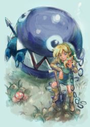 Rule 34 | 1boy, belt, blonde hair, blue eyes, blush, boots, bow wow (zelda), brown footwear, chain, chain chomp, closed mouth, eating, full body, fuwamoko momen toufu, highres, holding, knee boots, link, male focus, monster, mushroom, nintendo, outdoors, pointy ears, polearm, seashell, sharp teeth, shell, shovel, sidelocks, smile, sparkle, spear, standing, teeth, the legend of zelda, the legend of zelda: link&#039;s awakening, tunic, weapon