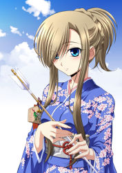 Rule 34 | 00s, 1girl, arrow (projectile), blue eyes, braid, brown hair, hair up, izumi mahiru, japanese clothes, kimono, long hair, solo, tales of (series), tales of the abyss, tear grants