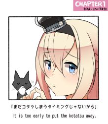 Rule 34 | 1girl, blonde hair, blue eyes, cat, comic, commentary request, crown, english text, closed eyes, fingers together, hair between eyes, hairband, head only, ido (teketeke), index fingers together, kantai collection, looking at viewer, mini crown, parody, pout, tearing up, translated, unsinkable sam, warspite (kancolle), white background