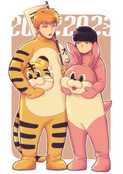 Rule 34 | 2023, 2boys, animal costume, animal print, black hair, blunt bangs, border, bowl cut, brown background, chinese zodiac, flag, full body, highres, holding, holding flag, holding head, kageyama shigeo, looking at another, male focus, mob psycho 100, multiple boys, new year, open mouth, orange hair, rabbit costume, reigen arataka, shiho326, short hair, standing, tiger costume, tiger print, white border, year of the rabbit, year of the tiger