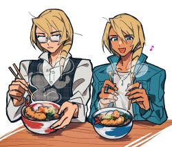 Rule 34 | 2boys, ace attorney, alternate costume, apollo justice: ace attorney, blonde hair, blue eyes, blush, bowl, brothers, chopsticks, dark skin, drill hair, eating, fogged glasses, food, glasses, grgrton, hair over shoulder, highres, holding, holding chopsticks, jacket, jewelry, klavier gavin, kristoph gavin, male focus, multiple boys, musical note, necklace, noodles, open mouth, partially unbuttoned, shirt, shrimp, shrimp tempura, siblings, simple background, smile, steam, tempura, white background