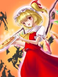 Rule 34 | 1girl, absurdres, ankake hitokaji, artist name, blonde hair, breasts, collared shirt, cowboy shot, flandre scarlet, food, frilled shirt collar, frills, gradient background, hair between eyes, hat, highres, holding, holding plate, medium hair, mob cap, multicolored wings, one side up, open mouth, orange background, pizza, plate, puffy short sleeves, puffy sleeves, red eyes, red ribbon, red skirt, red vest, ribbon, shirt, short sleeves, simple background, skirt, skirt set, sleeve ribbon, small breasts, solo, touhou, vest, white hat, white shirt, wings