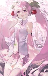 1girl absurdres cherry_blossoms cherry_hair_ornament collared_shirt commentary cowboy_shot detached_sleeves food-themed_hair_ornament hair_ornament hand_up hatsune_miku highres kyo_mizusawa long_hair long_sleeves looking_at_viewer necktie open_mouth outdoors pink_background pink_eyes pink_hair pink_necktie pink_shirt pink_skirt pink_theme pink_thighhighs puffy_long_sleeves puffy_sleeves sakura_miku see-through_clothes see-through_sleeves shirt sitting skirt sleeveless sleeveless_shirt solo thighhighs tree twintails very_long_hair vocaloid