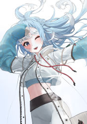 Rule 34 | 1girl, arm up, blue eyes, blue hair, blush, breasts, eyebrows hidden by hair, highres, hololive, hololive indonesia, kobo kanaeru, long hair, looking at viewer, multicolored hair, one eye closed, open mouth, pants, simple background, smile, solo, stomach, tem, virtual youtuber, white background, white hair