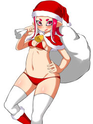 Rule 34 | 1girl, bell, bikini, blush, boots, breasts, capelet, christmas, commentary, covered erect nipples, fur-trimmed capelet, fur trim, groin, hand on own hip, hat, highres, holding, holding sack, looking at viewer, medium hair, navel, neck bell, nintendo, octoling, octoling girl, octoling player character, open mouth, over shoulder, penguin maru (penginmaru), red bikini, red capelet, red eyes, red footwear, red hair, red hat, sack, santa boots, santa hat, simple background, small breasts, smile, solo, splatoon (series), standing, swimsuit, tentacle hair, thighhighs, white background, white thighhighs