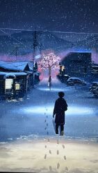 Rule 34 | 1boy, 1girl, building, byousoku 5 centimeter, car, character request, coat, footprints, full body, highres, house, motor vehicle, night, night sky, outdoors, power lines, road, scenery, shinkai makoto, sky, snowflakes, snowing, street, town, tree, utility pole, winter, winter clothes, winter coat