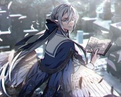 Rule 34 | 1boy, aurorus, blue bow, blue eyes, blurry, blurry background, book, bow, creatures (company), day, feathered wings, game freak, gen 6 pokemon, grey hair, hair between eyes, holding, holding book, long hair, moe (hamhamham), nintendo, outdoors, personification, pointy ears, pokemon, school uniform, serafuku, solo, white wings, wings