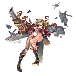 Rule 34 | 1girl, armored boots, battle damage, black footwear, blush, bodysuit, boots, breasts, broken, broken weapon, brown bodysuit, bruise, chest harness, covered erect nipples, covered navel, crotch plate, flying, full body, game cg, gloves, green eyes, green hair, hair between eyes, hand on own chest, hand on own face, harness, headset, high heel boots, high heels, highres, howitzer, huge weapon, injury, jacket, knees together feet apart, last origin, lips, looking at viewer, mecha musume, mechanical wings, medium breasts, mole, mole under eye, official art, open clothes, open jacket, open mouth, phoenix (last origin), propeller, red jacket, short hair, short twintails, sidelocks, simple background, skindentation, solo, tachi-e, tearing up, thick thighs, thighs, third-party source, tongue, torn bodysuit, torn clothes, torn jacket, transparent background, twintails, v-shaped eyebrows, weapon, white gloves, wings, zizim