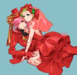 Rule 34 | 2girls, alternate costume, alternate hairstyle, backless dress, backless outfit, blue background, bow, dress, formal, gem, girl on top, gloves, green gemstone, green hair, hair behind ear, hair bow, hand on another&#039;s thigh, hat, henna, looking at viewer, macross, macross delta, makina nakajima, multiple girls, ooomi, pink hair, pointy ears, red dress, red eyes, red gloves, red headwear, red suit, reina prowler, short hair, suit, yellow bow, yuri