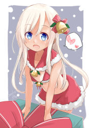 Rule 34 | 1girl, absurdres, bell, bikini, blonde hair, blue eyes, blush, box, capelet, christmas, collarbone, dated, fyuo, gift, gift box, hair bell, hair ornament, heart, highres, kantai collection, long hair, open mouth, red bikini, red capelet, ro-500 (kancolle), santa bikini, santa costume, signature, smile, solo, spoken heart, swimsuit