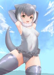 Rule 34 | 1girl, absurdres, animal ears, armpits, arms up, breasts, cameltoe, cleft of venus, covered erect nipples, covered navel, day, elbow gloves, fang, frills, fur collar, gloves, green eyes, grey gloves, grey hair, grey one-piece swimsuit, highres, impossible clothes, impossible swimsuit, kemono friends, looking at viewer, mikosake, multicolored hair, one-piece swimsuit, open mouth, otter ears, otter tail, outdoors, skin tight, skindentation, sky, small-clawed otter (kemono friends), small breasts, smile, solo, standing, swimsuit, tail, thighhighs, two-tone hair, wading, water, white hair