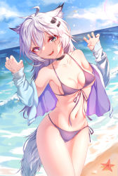 Rule 34 | 1girl, :d, absurdres, animal ears, arknights, bare shoulders, beach, bikini, black choker, blue sky, breasts, choker, claw pose, cloud, commentary request, cowboy shot, day, dongkas, front-tie bikini top, front-tie top, grey bikini, grey eyes, groin, hair between eyes, hair ornament, hairclip, hands up, highres, jacket, korean commentary, lappland (arknights), long hair, looking at viewer, medium breasts, navel, ocean, off shoulder, open clothes, open jacket, open mouth, outdoors, scar, scar across eye, scar on face, silver hair, sky, smile, solo, standing, starfish, stomach, swimsuit, tail, thighs, v-shaped eyebrows, wolf ears, wolf tail