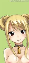 Rule 34 | 1girl, bell, blonde hair, blush, breasts, brown eyes, cowbell, fairy tail, lucy heartfilia, nipples, simple background, smile, solo, topless