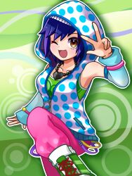 Rule 34 | 1girl, bemani, blush, boots, commentary request, dance dance revolution, frutiger metro, heart, highres, hood, hood up, jewelry, layered clothes, necklace, one eye closed, open mouth, outline, pants, partyanthem, pink pants, polka dot, purple hair, short hair, smile, solo, standing, standing on one leg, strap, tank top, toshiba emi, w, white outline, yellow eyes, zipper, zipper pull tab