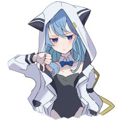 Rule 34 | 1girl, animal ears, blue eyes, blue hair, blush, bow, bowtie, collar, flat chest, frown, highres, hololive, hood, hooded jacket, hoshimachi suisei, hoshimachi suisei (school uniform), jacket, leotard, letterman jacket, long hair, looking at viewer, nagahisa, playboy bunny, pocket, sketch, solo, standing, thumbs down, virtual youtuber, white background, white jacket