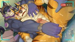 Rule 34 | 3boys, abs, anal fingering, animal ears, bara, beige fur, blush, completely nude, cum, cum on body, cum on male, erection, facial hair, fingering, furry, furry male, furry with furry, goatee, grabbing, groping, highres, large pectorals, live a hero, male focus, mask, multiple boys, mumuthelion, muscular, navel, nipples, nude, orange eyes, orange fur, pectoral grab, pectorals, penis, precum, purple fur, ryekie (live a hero), short hair, spread legs, thick thighs, thigh grab, thighs, tiger boy, tiger ears, two-tone fur, uncensored
