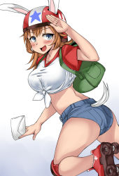 Rule 34 | 1girl, animal ears, ass, blue eyes, blush, breasts, charlotte e. yeager, denim, denim shorts, ears through headwear, envelope, front-tie top, helmet, knee pads, komusou (jinrikisha), large breasts, long hair, looking back, open mouth, orange hair, rabbit ears, rabbit girl, rabbit tail, roller skates, salute, shirt, short shorts, shorts, skates, smile, solo, strike witches, tail, tied shirt, world witches series