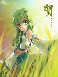 Rule 34 | 1girl, bad id, bad pixiv id, detached sleeves, female focus, frog hair ornament, from below, green eyes, green hair, hair ornament, highres, kochiya sanae, long hair, looking at viewer, matching hair/eyes, no nose, smile, solo, sunyukun, touhou