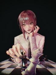Rule 34 | 1girl, artist name, black background, black nails, black necktie, board game, chainsaw man, chess, chess piece, chessboard, collared shirt, dark background, head on hand, highres, king (chess), looking at viewer, makima (chainsaw man), medium hair, nail polish, necktie, phoneafrog, playing, pov, queen (chess), red hair, ringed eyes, rook (chess), shirt, simple background, solo, white shirt, yellow eyes