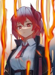 Rule 34 | 1girl, animal ears, arknights, bird ears, black jacket, black skirt, breasts, collared shirt, fiammetta (arknights), fire, hair between eyes, jacket, leiroken, looking at viewer, medium breasts, necktie, open clothes, open jacket, red eyes, red hair, red necktie, shirt, short hair, simple background, skirt, solo, upper body, white background, white shirt