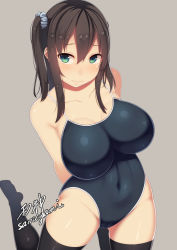 Rule 34 | 1girl, arms behind back, artist name, black hair, black thighhighs, blush, breasts, collarbone, covered navel, green eyes, hair ornament, hair scrunchie, kneeling, large breasts, long hair, looking at viewer, mia (samegami), one-piece swimsuit, one side up, original, samegami, scrunchie, signature, simple background, solo, swimsuit, thighhighs