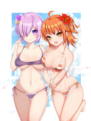 Rule 34 | 2girls, :d, ahoge, alternate costume, armband, artist name, bare arms, bare legs, bare shoulders, barefoot, bikini, blush, breasts, breasts apart, cleavage, collarbone, commentary request, cowboy shot, eyelashes, fate/grand order, fate (series), feet, flower, fujimaru ritsuka (female), groin, hair flower, hair ornament, hair over one eye, hand to head, heart o-ring, heart ring bottom, hibiscus, highres, holding strap, isy, large breasts, leg up, legs together, looking at viewer, mash kyrielight, medium breasts, midriff, multiple girls, nail polish, navel, open mouth, orange eyes, orange flower, orange hair, orange nails, purple eyes, purple flower, purple hair, red flower, short hair, side ponytail, smile, standing, standing on one leg, stomach, swimsuit, thigh gap, thighs, toenail polish, toenails, toes