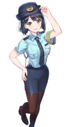 Rule 34 | 1girl, blue footwear, blue hair, blue necktie, blue shirt, blue skirt, breast pocket, breasts, epaulettes, green eyes, hand on headwear, hand on own hip, hat, looking at viewer, medium breasts, necktie, open mouth, original, pantyhose, pocket, police, police hat, police uniform, shirt, short hair, short sleeves, simple background, skirt, solo, striped necktie, striped neckwear, uniform, weee (raemz), white background