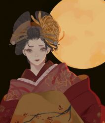 Rule 34 | 1girl, absurdres, black background, black hair, crying, crying with eyes open, floral print, full moon, hair ornament, hair stick, hair up, headpiece, highres, japanese clothes, kimono, looking at viewer, moon, oiran, red kimono, solo, surie, tears, upper body