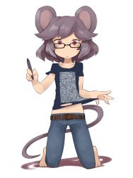 Rule 34 | 1girl, :&lt;, alternate costume, animal ears, barefoot, belt, bespectacled, casual, contemporary, denim, feet, female focus, glasses, grey hair, jeans, masha, maze, mouse ears, nazrin, pants, solo, stylus, tail, toes, touhou