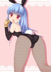 Rule 34 | 1girl, :o, animal ears, ass, bare shoulders, binsen, blue hair, blush, breasts, fake animal ears, fishnet pantyhose, fishnets, gloves, highres, kula diamond, long hair, looking back, open mouth, pantyhose, playboy bunny, rabbit ears, rabbit tail, red eyes, solo, sweatdrop, tail, the king of fighters