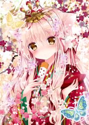 Rule 34 | 1girl, animal ears, blush, bug, butterfly, cat ears, closed mouth, cup, floral background, floral print, flower, folding fan, hair between eyes, hand fan, hand up, headpiece, holding, holding fan, holding plate, insect, japanese clothes, kimono, long hair, looking at viewer, nanase kureha, nanase nao, original, pink hair, plate, red kimono, sakazuki, sidelocks, solo, upper body, wide sleeves, yellow eyes