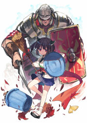Rule 34 | 1boy, 2girls, ^ ^, angry, armor, autumn leaves, blade, blue skirt, bow (weapon), broom, brown hair, closed eyes, closed mouth, commentary, covered eyes, greco-roman clothes, green hair, green sash, headgear, helmet, highres, hitogome, holding, holding bow (weapon), holding broom, holding shield, holding sword, holding weapon, japanese clothes, kimono, leg up, legionnaire, long hair, long sleeves, looking at viewer, multiple girls, muneate, obi, obijime, pleated skirt, red eyes, red sash, roman clothes, sandals, sash, shaded face, shield, short hair, short kimono, short sword, short twintails, skirt, smile, smirk, standing, standing on one leg, sword, tabi, touhoku kiritan, touhoku zunko, trash can, trashcan lid, twintails, v-shaped eyebrows, v arms, voiceroid, weapon, white kimono, zouri