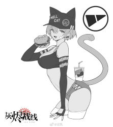 Rule 34 | 1girl, :d, arched back, ash arms, baseball cap, breasts, cat tail, cleavage, contrapposto, cowboy shot, crop top, cropped legs, earrings, elbow gloves, fingerless gloves, food, from side, gloves, greyscale, hair between eyes, burger, hat, highres, jewelry, large breasts, leaning forward, m18 hellcat (ash arms), monochrome, multiple earrings, open mouth, short hair, short shorts, shorts, simple background, smile, solo, tail, tank top, thighhighs, weibo watermark, white background, yan wan