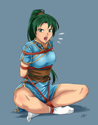 Rule 34 | bdsm, blue background, bondage, bound, bound wrists, crossed legs, feet, fire emblem, fire emblem: the blazing blade, highres, lost one zero, lyn (fire emblem), nintendo, open mouth, rope, simple background, sitting, socks, tabi, thighs, toes, v-shaped eyebrows, white socks