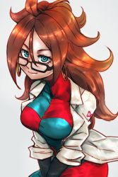 Rule 34 | 1girl, android 21, black-framed eyewear, blue eyes, breasts, brown hair, checkered clothes, checkered dress, closed mouth, coat, collarbone, commentary request, curly hair, detached sleeves, dragon ball, dragon ball fighterz, dress, earrings, emblem, flat color, from above, glasses, grey background, hoop earrings, jewelry, kemachiku, lab coat, leaning forward, long hair, looking at viewer, medium breasts, red ribbon army, sleeveless, sleeveless dress, smile, solo, two-tone dress, upper body, very long hair, white coat