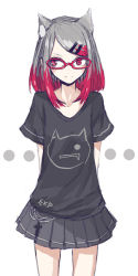 Rule 34 | 1girl, animal ears, arms behind back, black shirt, black skirt, cat ears, chain, closed mouth, collarbone, cross, flat chest, glasses, hair ornament, hairclip, looking to the side, multicolored hair, original, papaia (quentingqoo), parted bangs, pleated skirt, red eyes, shirt, short hair, short hair with long locks, silver hair, simple background, skirt, solo, streaked hair, t-shirt, thigh gap, thighs