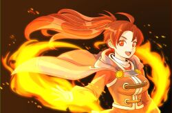 Rule 34 | 05a7w, 1girl, breasts, brown eyes, brown hair, cape, fire, golden sun, jenna (golden sun), long hair, looking at viewer, magic, medium breasts, open mouth, ponytail, simple background, smile, solo