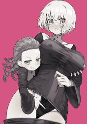Rule 34 | 2girls, absurdres, age difference, agnese sanctis, braid, breasts, clothes pull, commentary request, dress, forehead, grabbing, grabbing another&#039;s breast, greyscale with colored background, hand in another&#039;s panties, height difference, highres, irokohaku, large breasts, long hair, looking at viewer, monochrome, multiple braids, multiple girls, nun, orsola aquinas, panties, pantyhose, pantyhose pull, pink background, short dress, short hair, smug, surprised, toaru majutsu no index, underwear, yuri